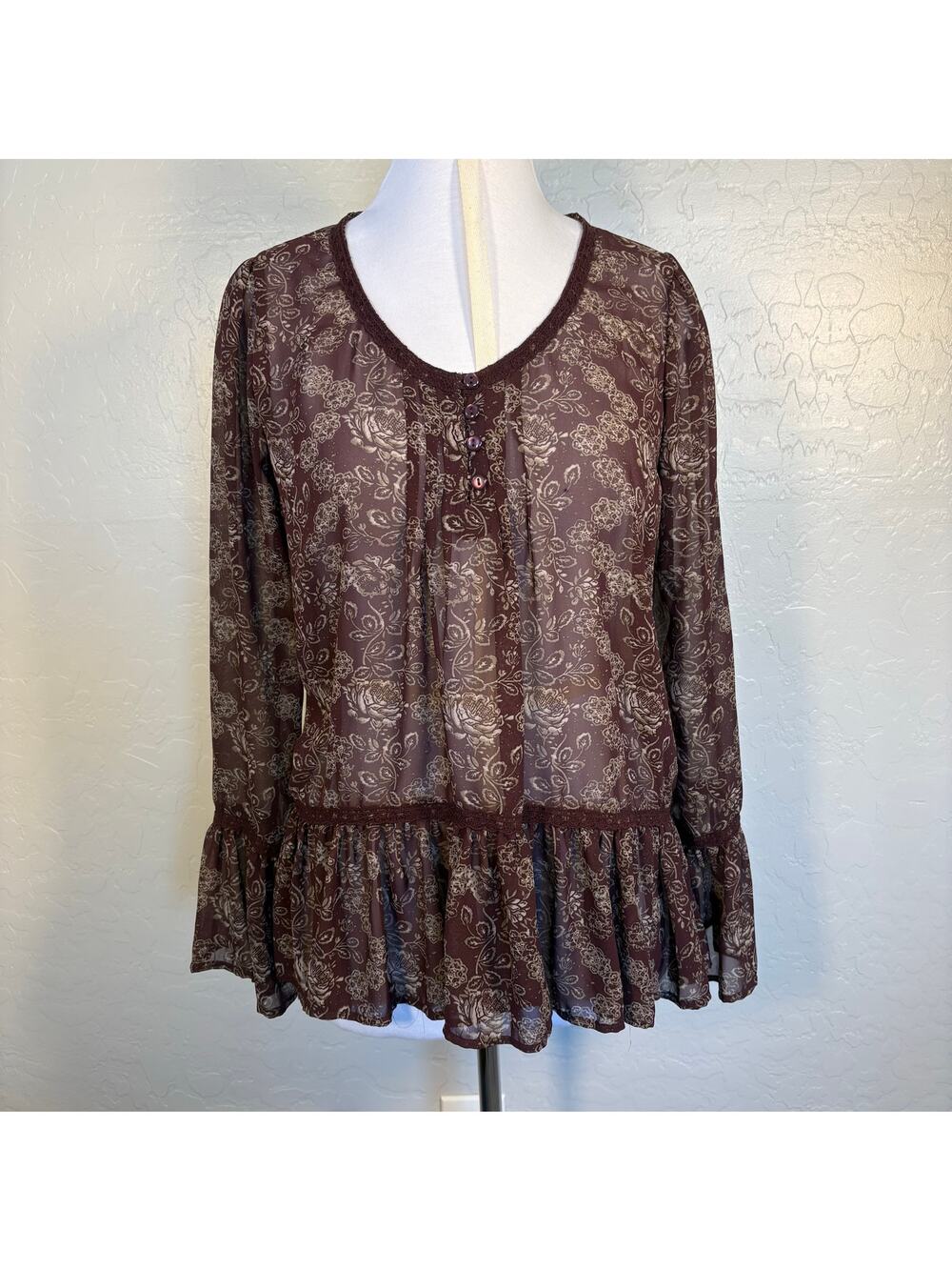 Romantic Floral Peplum Sheer Blouse M Boho Cottagecore Bell Sleeve Prairie Top